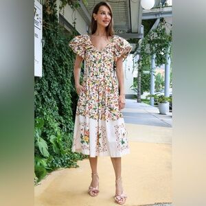 AGUA by Agua Bendita NWT Chontaduro Clementina Puff Sleeve Floral Midi Dress- L